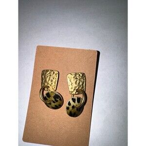 Gold Tone Hammered Leopard Print Oval Dangle/Drop Earrings Butterfly Closure